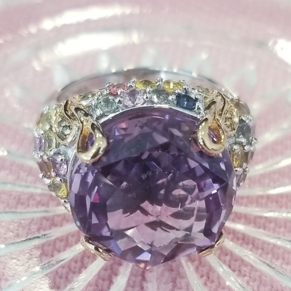 11.85 Ct Amythest Sterling Silver Ring TV With Multicolor Saphires Size 7